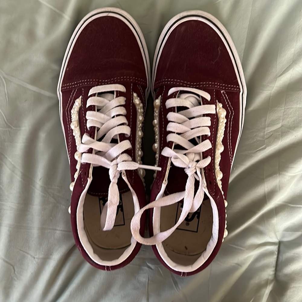 Womens Maroon Vans with Pearls